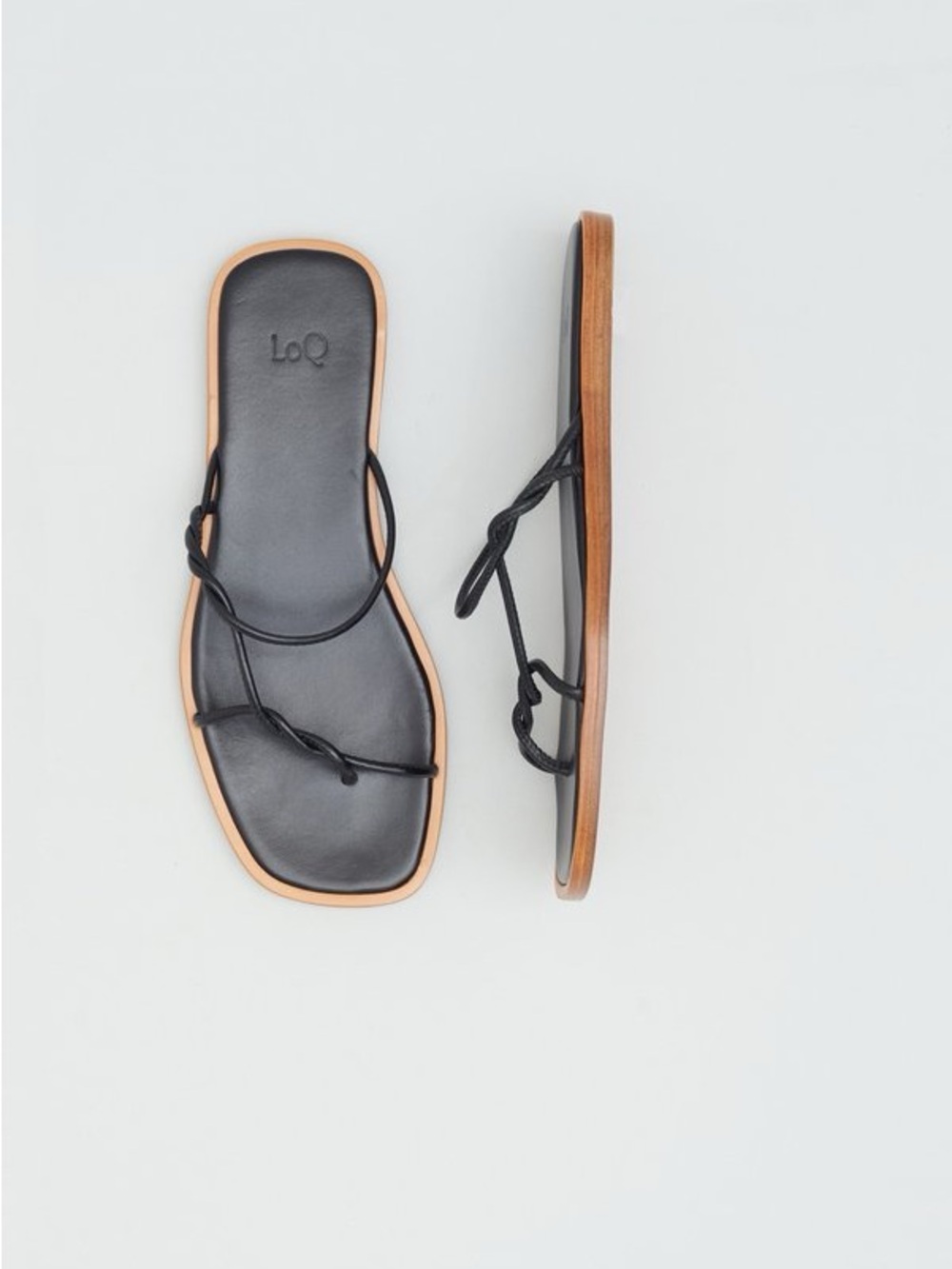 LOQ Black Strappy Square-Toe Sandals with Tan Trim